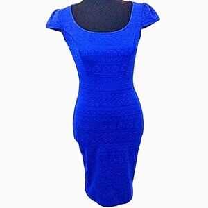 WINDSOR COLLECTION ROYAL BLUE GEOMETRIC PATTERN BODYCON DRESS - SIZE S